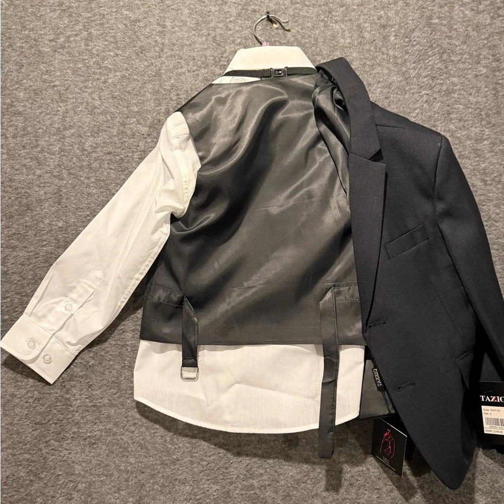 Tazio Suit Set Youth Boys sz 6 gray 4 piece jacket tie vest shirt Slim *No Pants